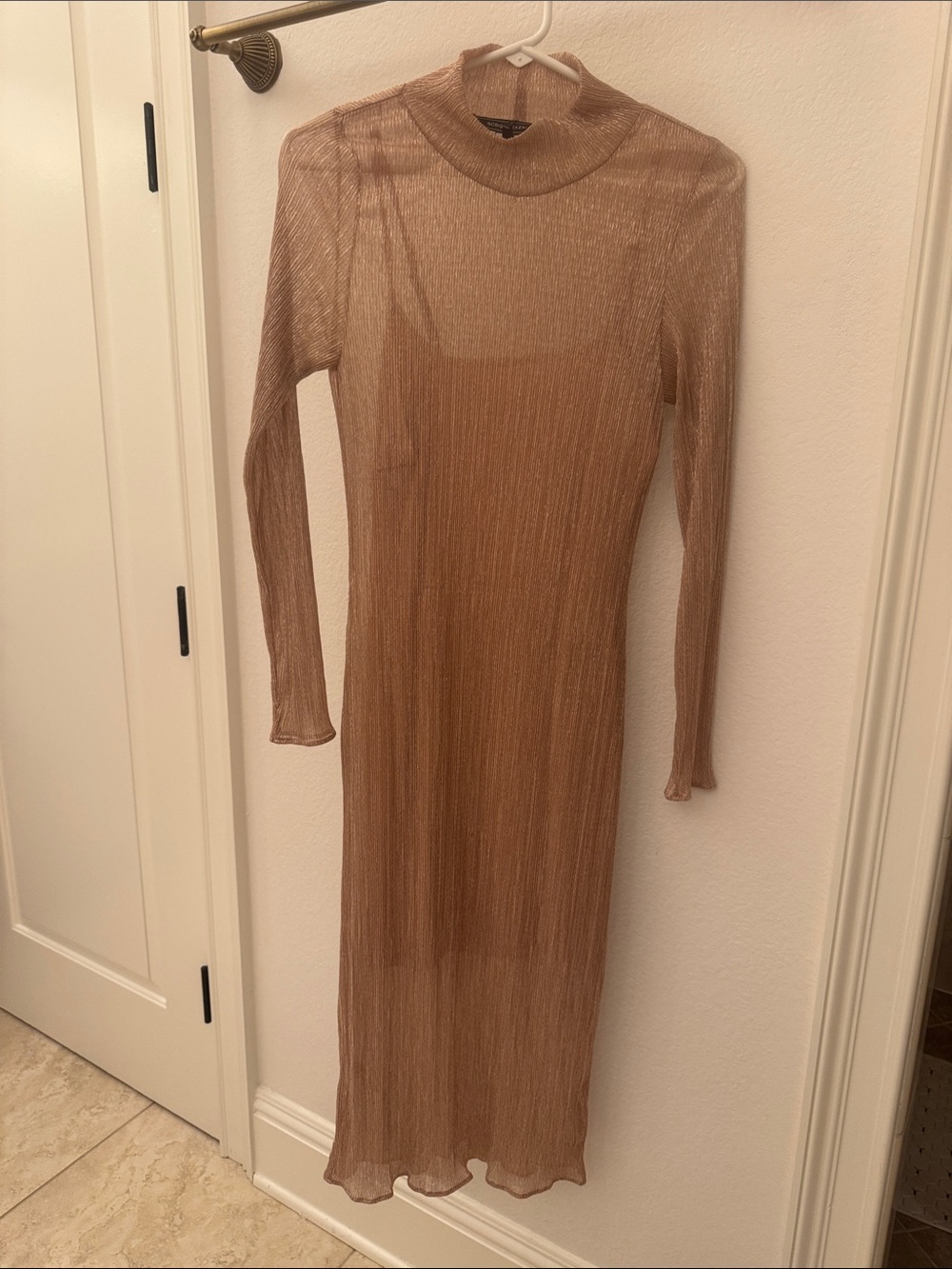 BCBGMaxAzria Sheer Long-Sleeve Midi Dress in Light Tan